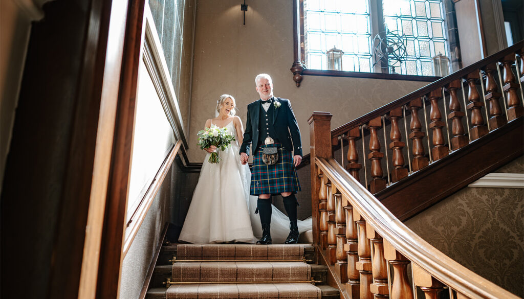Bride and groom walking through Morningside streets – wedding photographer Morningside