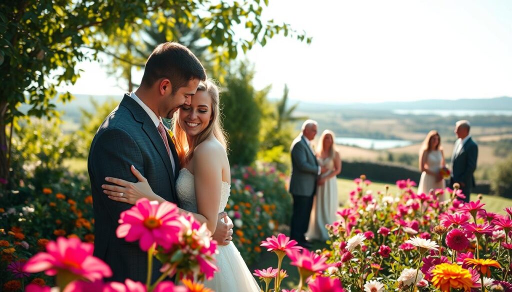 Happy couples sharing wedding memories