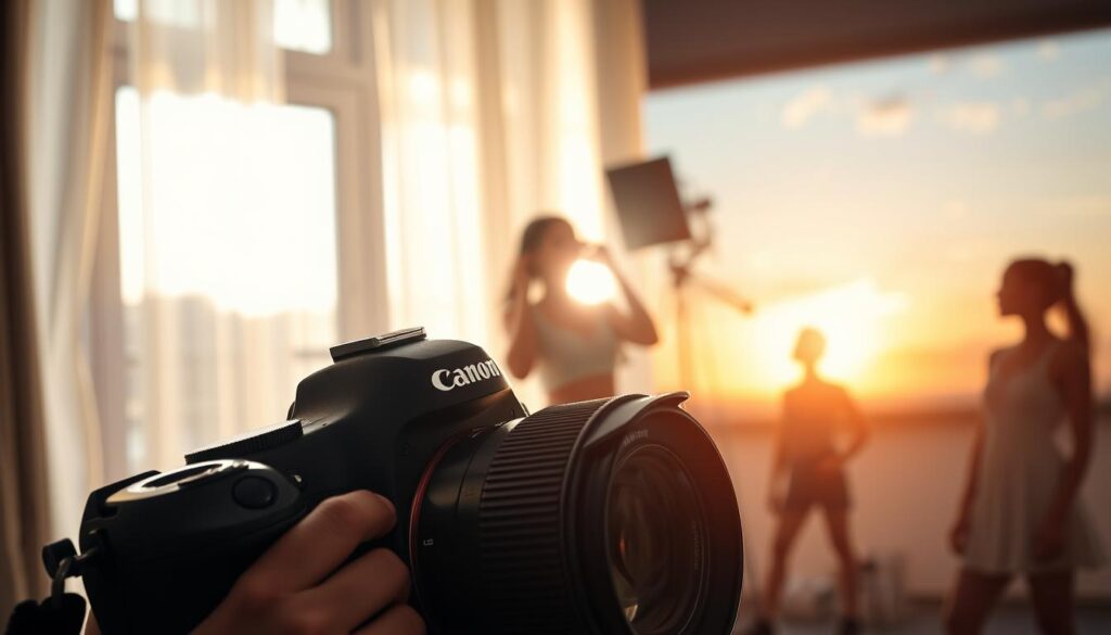 A Canon DSLR camera, its lens poised, capturing the essence of diverse lighting conditions. In the foreground, a model poses confidently, their face illuminated by soft, diffused natural light streaming through a window. In the middle ground, a second model stands bathed in the dramatic shadows and highlights of studio lighting, their features dramatically sculpted. And in the background, a third model is backlit by the warm glow of a sunset, silhouetted against a vibrant sky. The scene exudes a sense of artistic expression, showcasing the versatility of the Canon DSLR in mastering various lighting setups, from delicate natural light to bold artificial illumination.