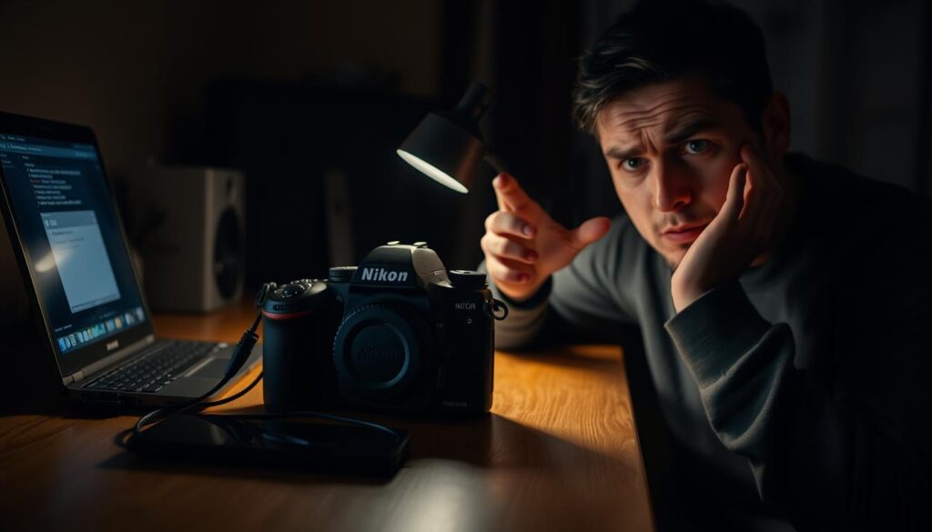 A dimly lit home office, a Nikon camera sits on a wooden desk, its USB cable trailing to a laptop. Beside it, a confused expression on the user's face as they attempt to troubleshoot the connection. The scene is illuminated by the soft glow of the laptop screen, casting shadows across the desk. The atmosphere is one of frustration and problem-solving, with the Nikon camera as the focal point. The user's hand gestures and the subtle furrowing of their brow convey their determination to resolve the issue at hand.