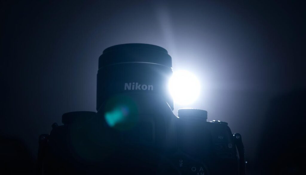 A dimly lit studio setting, the focus centered on a Nikon camera body with an adapted Canon lens mounted. The lens appears slightly misaligned, casting a subtle blur over the frame. In the foreground, the camera's buttons and dials are highlighted, conveying a sense of limited functionality. The background fades into a hazy, muted palette, emphasizing the technical constraints of the adapter setup. Soft, directional lighting casts shadows that accentuate the camera's form, creating a sense of depth and tension. The overall atmosphere is one of subtle frustration, hinting at the challenges of mixing and matching camera systems.