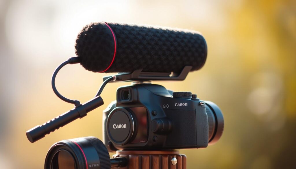 A high-quality, directional microphone sitting atop a Canon DSLR camera, capturing crystal-clear audio for professional-grade video recording. The microphone is sleek and modern, with a matte black finish that complements the camera's design. It is mounted on a flexible arm, allowing for precise positioning and optimal pickup of the subject's voice. The scene is bathed in warm, natural lighting, creating a soft, cinematic atmosphere. The camera and microphone are positioned on a sturdy, wooden tripod, creating a stable and professional-looking setup. The overall composition emphasizes the harmonious integration of the Canon camera and the specialized microphone, highlighting their synergistic capabilities for high-quality multimedia production.