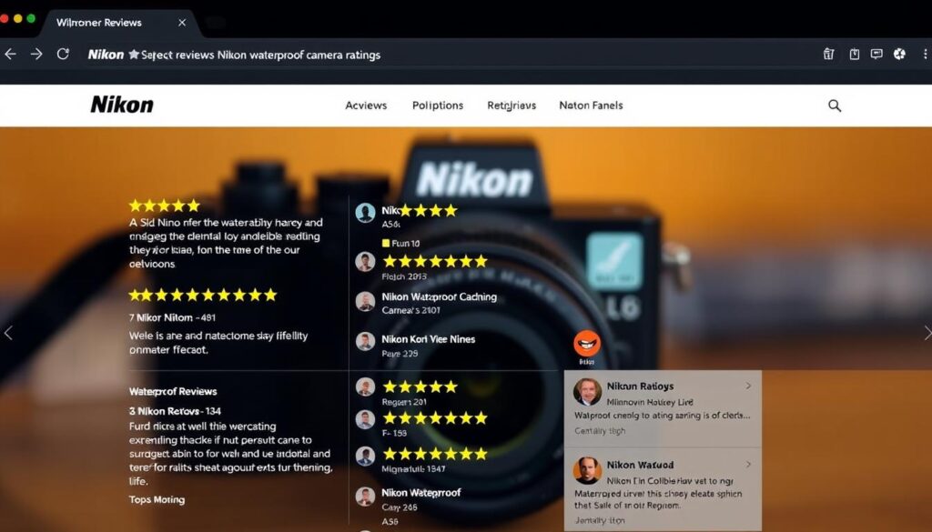 A neatly arranged collection of customer reviews and ratings for Nikon waterproof cameras, displayed on a sleek, minimalist website interface. The foreground showcases several 5-star reviews with detailed testimonials, conveying the high quality and performance of Nikon's waterproof camera models. In the middle ground, a grid of additional customer ratings and feedback, ranging from 3 to 5 stars, providing a comprehensive overview of real-world user experiences. The background features a subtle, blurred image of a Nikon camera, emphasizing the product's focus. Warm, natural lighting creates a welcoming and trustworthy atmosphere, inviting the viewer to explore the Nikon waterproof camera reviews.