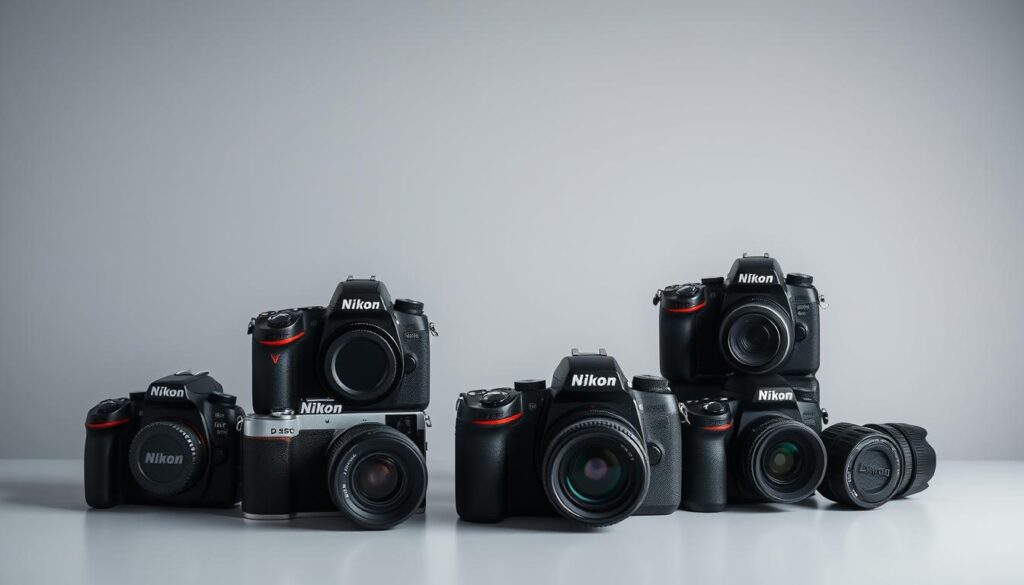 A neatly arranged still life featuring an assortment of Nikon portrait photography cameras in a well-lit studio setting. The cameras are displayed on a sleek, minimalist table, with a subtle gradient background that complements their matte black and silver bodies. The lighting is soft and diffused, creating a sense of depth and highlighting the intricate details of the camera designs. The composition is balanced, drawing the viewer's eye to the central Nikon camera models, including a Nikon D850 and a Nikon D5600, showcasing their versatility and suitability for both professional and beginner portrait photographers.