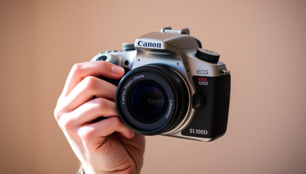 A person's hands holding a Canon EOS 100D DSLR camera, the camera's sleek silver and black body prominently displayed. The user's fingers delicately manipulate the camera's various controls and dials, showcasing the intuitive user experience. The scene is illuminated by soft, natural lighting, creating a warm, inviting atmosphere. The background is blurred, keeping the focus on the camera and the user's interaction with it. The image conveys a sense of tactile engagement, highlighting the camera's ergonomic design and ease of use.