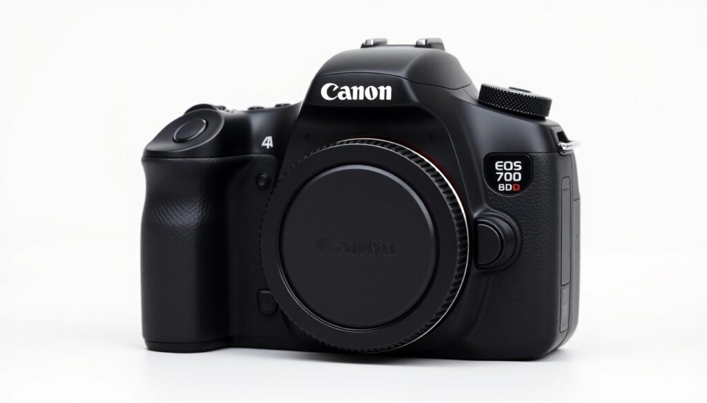 A professional-grade Canon EOS 70D DSLR camera, its sleek black body prominently displaying the iconic red Canon logo. The camera is set against a clean, minimalist background, with a crisp, well-lit studio environment. The camera's top-mounted mode dial, function buttons, and built-in Wi-Fi connectivity are clearly visible, showcasing its advanced features and capabilities. The image captures the camera's premium design and high-quality construction, emphasizing its suitability for both professional and enthusiast photographers. The overall tone is one of technical precision and modern aesthetics, reflecting the camera's position as a powerful imaging tool.
