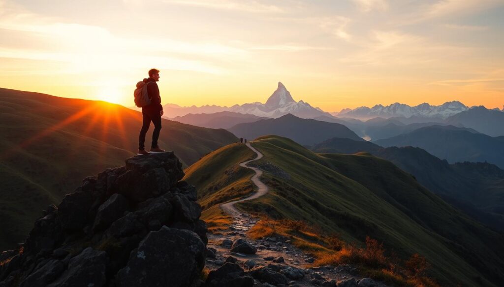 A scenic landscape at golden hour, captured through the lens of a Nikon camera. In the foreground, a traveler stands atop a rocky outcrop, their silhouette framed against the vibrant sunset. The middle ground features a winding path leading through lush, verdant hills, inviting exploration. In the distance, majestic snow-capped peaks rise, their jagged edges bathed in warm, golden light. The image conveys a sense of adventure, tranquility, and the joy of travel, showcasing the capabilities of a Nikon camera to immortalize breathtaking moments.