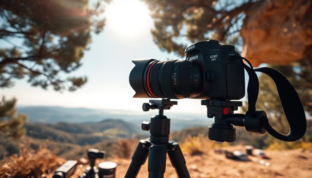 A scenic landscape with a Canon camera capturing the frame, showcasing real-world calibration. Warm, natural lighting illuminates the scene, casting soft shadows. The camera is positioned at eye level, providing a perspective that immerses the viewer. The foreground features the camera on a sturdy tripod, with various calibration tools and accessories nearby. The middle ground presents a breathtaking vista, with rolling hills, lush vegetation, and a distant horizon. The background boasts a clear, blue sky, adding depth and a sense of tranquility to the overall composition. The scene conveys a balanced, harmonious interplay between the technical aspects of camera calibration and the beauty of the natural world. Prompt