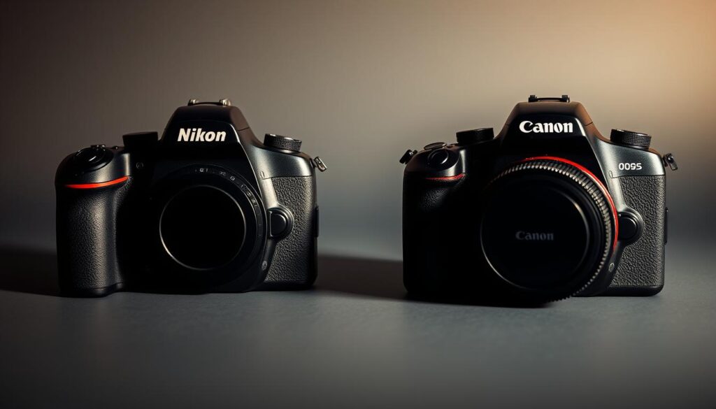 A side-by-side display of a Nikon DSLR and a Canon DSLR, both resting on a minimalist gray backdrop. The Nikon is positioned on the left, its sleek black body accentuated by the warm, directional lighting that casts subtle shadows, highlighting its premium build quality. The Canon, on the right, complements the scene with its distinctive red accent details, creating a balanced and visually appealing composition. The cameras are angled slightly towards each other, inviting a direct comparison of their distinctive designs, features, and capabilities. The overall mood is one of sophistication and technical precision, reflecting the high-end nature of these professional-grade camera systems.