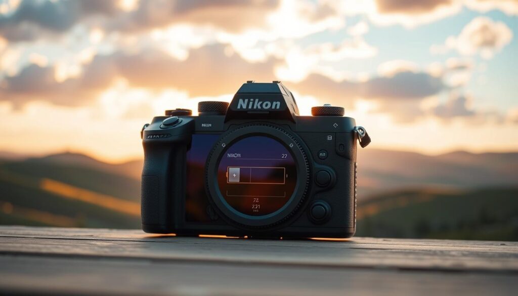 A sleek Nikon Z5II mirrorless camera, its battery icon and signal bars prominently displayed on the digital viewfinder. The camera rests on a minimalist wooden surface, bathed in warm, natural lighting. In the background, a serene landscape of rolling hills and a vibrant, cloudy sky, hinting at the camera's robust connectivity and power-efficient performance. The scene conveys a sense of reliability, versatility, and the perfect balance between technology and nature, reflecting the key features of the Nikon Z5II for the "Battery Life and Connectivity" section of the review.
