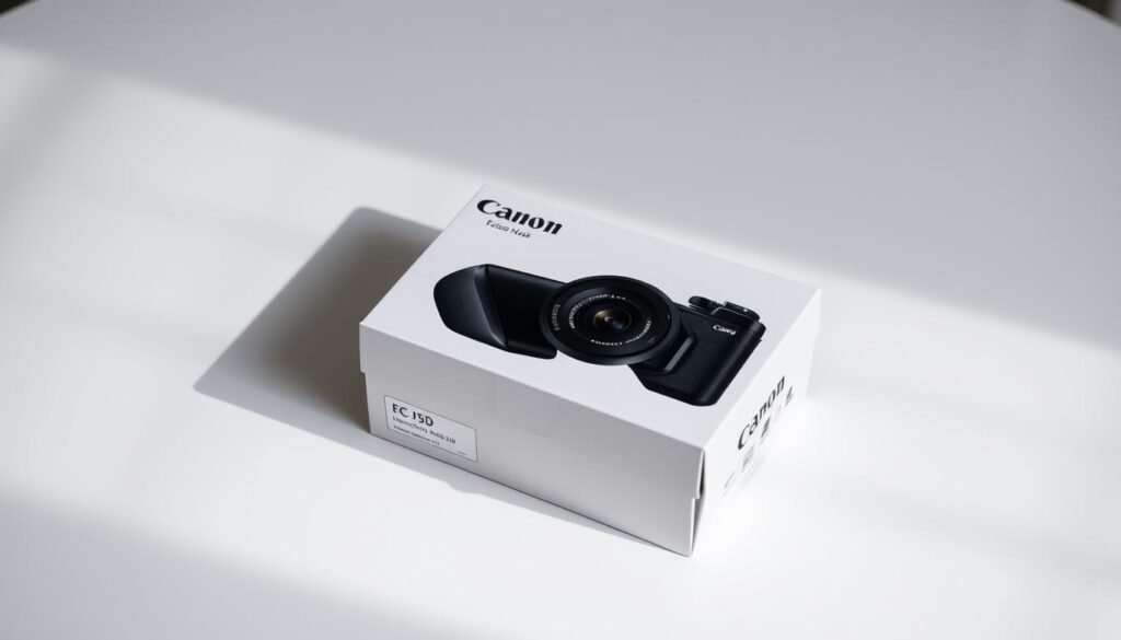 A sleek, high-quality Canon camera package rests on a clean, minimalist surface. The box displays the iconic Canon logo and product details in a crisp, professional layout. Soft, directional lighting accentuates the smooth textures and precise edges of the packaging, creating a sense of premium quality. The scene is captured from a slightly elevated angle, allowing the viewer to appreciate the package's design and presentation. The overall mood is one of sophistication, attention to detail, and the care taken in the handling and return of a Canon camera.