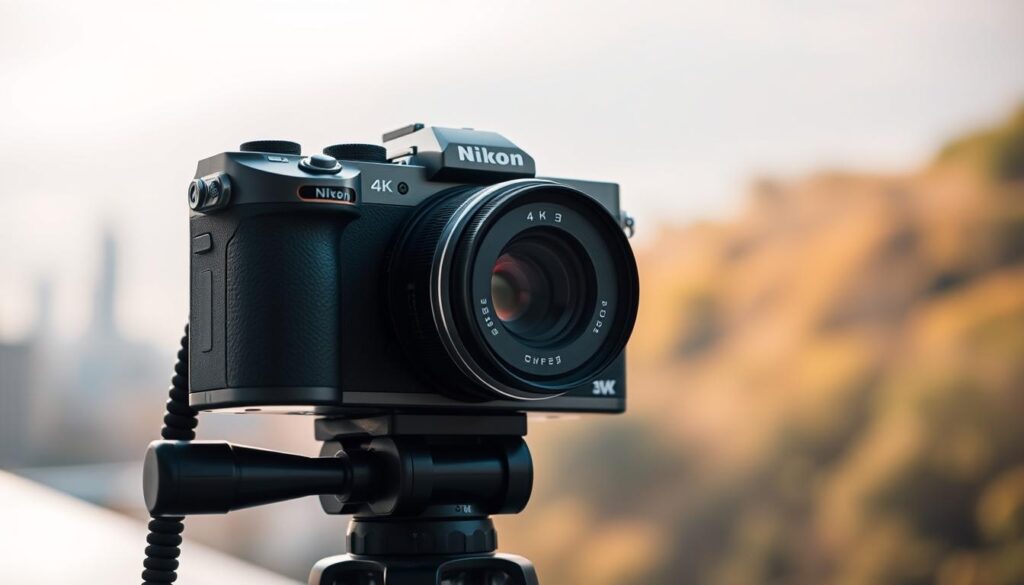 A sleek, modern Nikon mirrorless camera capturing stunning 4K video footage. The camera is positioned on a sturdy tripod, its minimalist design and brushed metal exterior gleaming under soft, diffused lighting. In the background, a blurred cityscape or lush natural landscape sets the scene, hinting at the versatility of the camera's video capabilities. The camera's advanced video features, such as built-in stabilization and cinematic frame rates, are subtly suggested through the careful framing and composition of the image.
