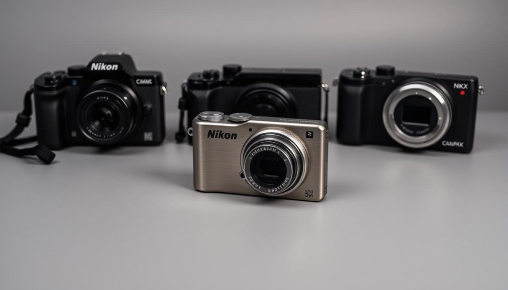 A sleek, modern camera comparison scene. In the foreground, a Nikon Coolpix camera rests on a minimalist gray surface, its brushed metal body gleaming under a soft, diffuse lighting. Flanking it are two other premium compact cameras from leading brands, arranged in a visually balanced composition. The middle ground features a subtle gradient backdrop, hinting at a sense of depth and context. The overall mood is one of sophistication and technical precision, inviting the viewer to closely examine the subtle design and feature differences between the competing models.