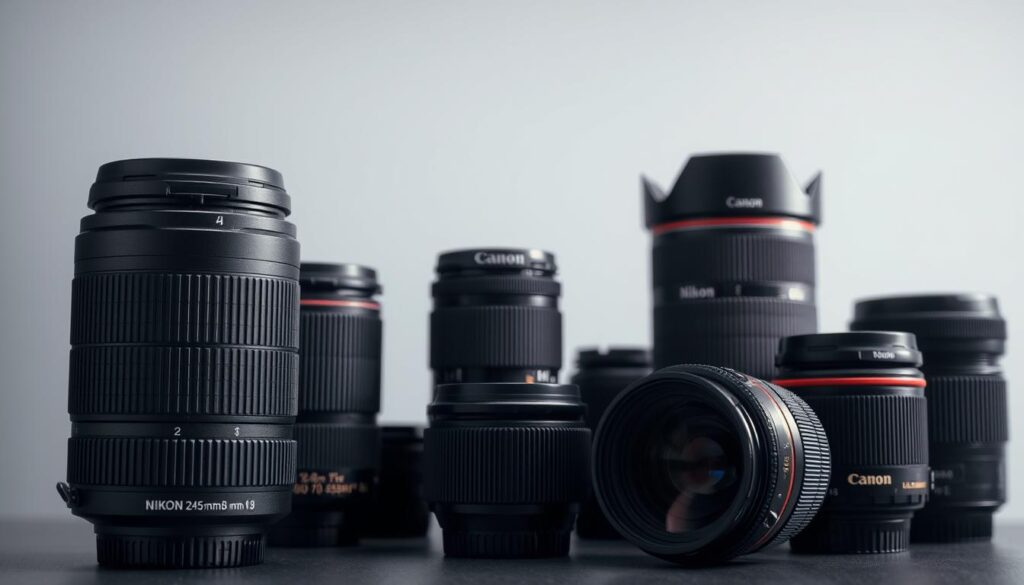 A well-lit studio scene showcasing a collection of Nikon and Canon camera lenses. In the foreground, a Nikon 24-70mm f/2.8 lens and a Canon 50mm f/1.8 lens are displayed prominently, their sleek metal bodies and glass elements shimmering under soft, diffused lighting. In the middle ground, a Nikon 70-200mm f/4 telephoto lens and a Canon 16-35mm f/4 wide-angle lens stand side by side, highlighting the diverse range of focal lengths available to users of both camera systems. The background features a minimalist backdrop, allowing the lenses to take center stage and showcase their quality craftsmanship and optical performance.