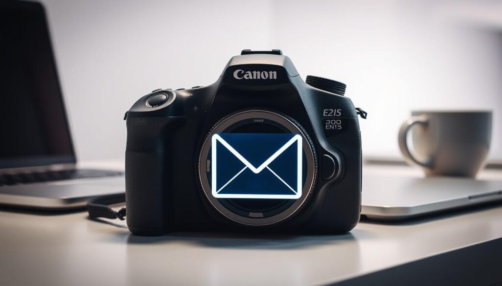 Canon camera email photos - a close-up view of a DSLR camera with an email icon overlaying the display, surrounded by a professional office setting. The camera is positioned on a sleek, minimalist desk, with a modern laptop and a stylized mug of coffee in the background. Soft, directional lighting illuminates the scene, casting gentle shadows and highlighting the camera's metallic details. The overall atmosphere conveys a sense of productivity and efficiency, reflecting the ease of emailing photos directly from a Canon camera.