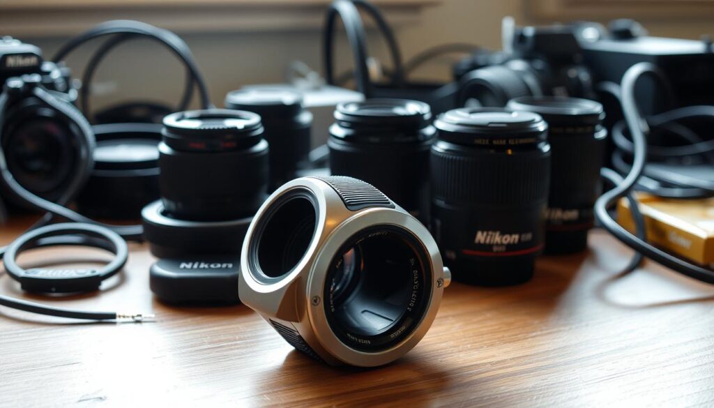 Nikon camera lenses resting on a cluttered wooden desk, surrounded by various lens adapters, cables, and camera accessories. Soft natural lighting from a nearby window creates a warm, inviting atmosphere. The lenses are positioned at different angles, showcasing their intricate designs and subtle textures. In the foreground, a Nikon lens adapter is prominently displayed, its metal body and intricate mechanisms hinting at the practical solutions it offers for using Nikon lenses on Sony camera bodies. The overall scene conveys a sense of experimentation and exploration, capturing the process of integrating disparate photographic equipment.
