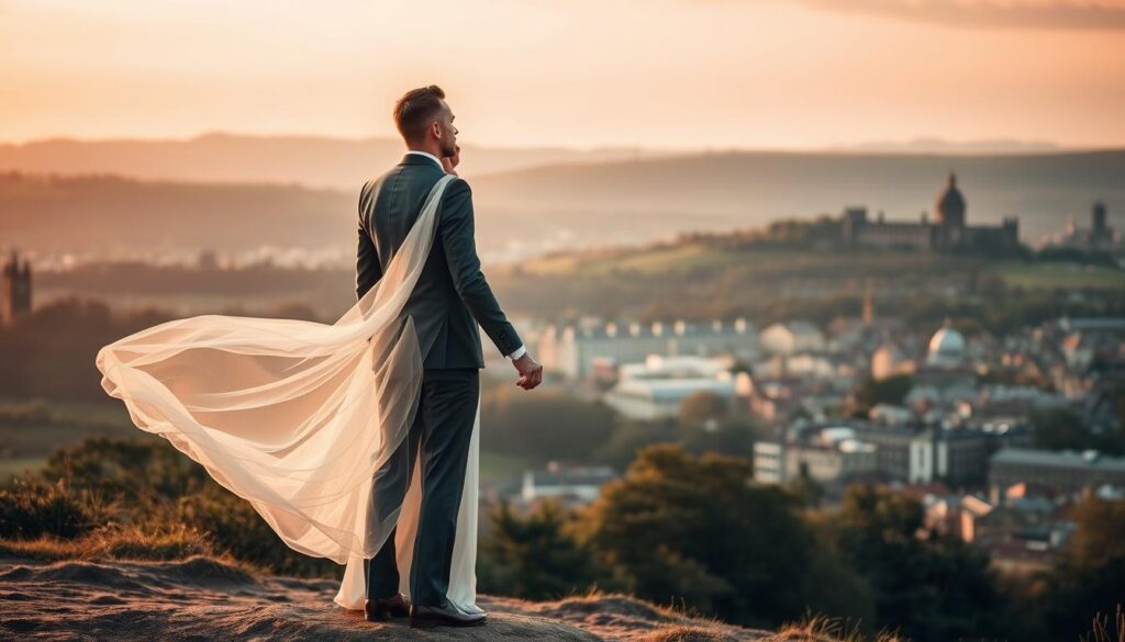 couple in wedding outfits at Blackford Hill