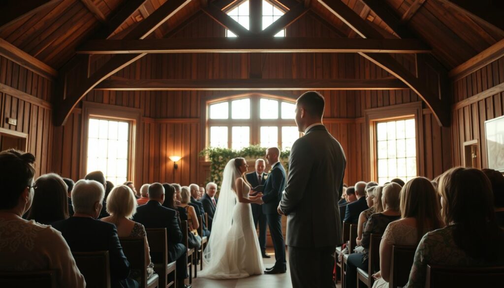 emotional wedding ceremony in wood-panelled room