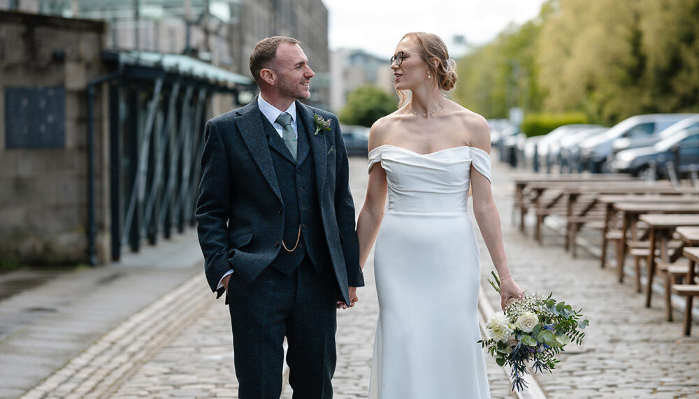 Newly married couple during a small wedding photoshoot in Leith, Edinburgh