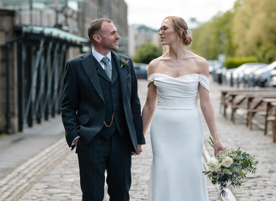 Newly married couple during a small wedding photoshoot in Leith, Edinburgh