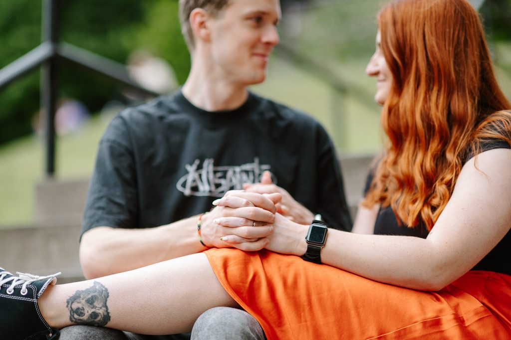 Close-up of Laura and Fraser holding hands during their couples photoshoot in Edinburgh