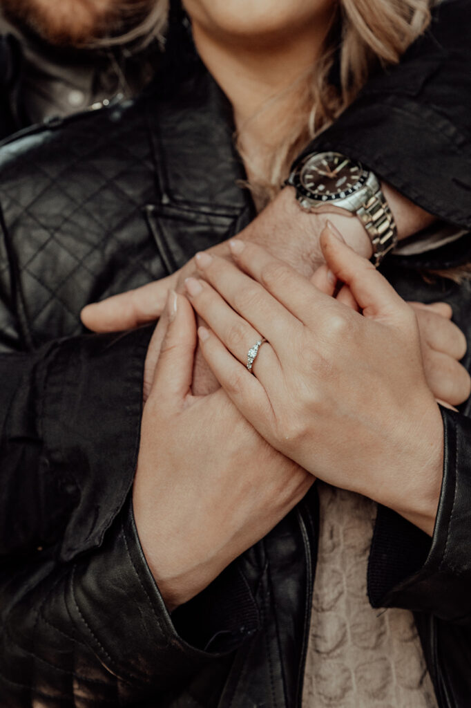 Close-up photograph of Jenna’s engagement ring during an Edinburgh engagement session