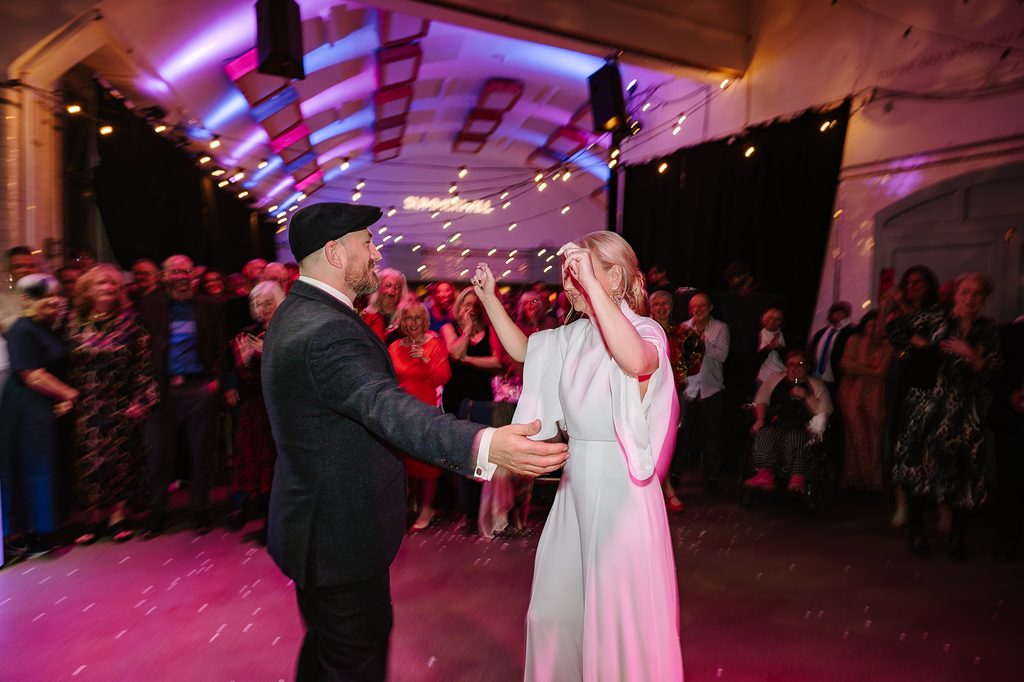 Steph and Keith sharing their first dance during their Summerhall wedding celebration in Edinburgh