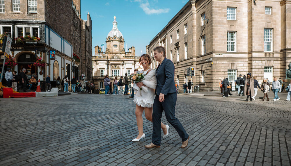 Teresa and Magda during their wedding photoshoot in Edinburgh city centre
